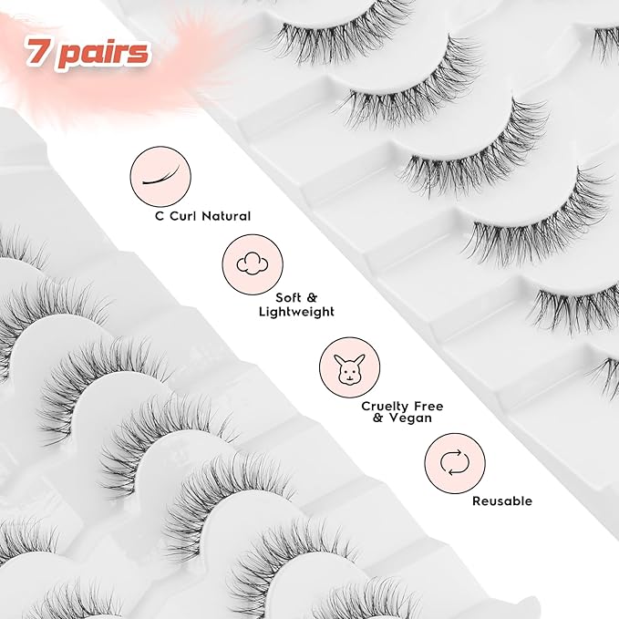 Natural Lashes False Eyelashes 12 MM Short Lashes WIspy 3D Volume Fake Eyelashes Pack C Curl Soft Eye Lash Strips with Thin Cotton Band 7 Pair False Lashes Siligli