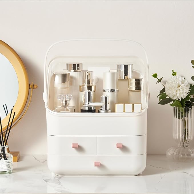 Large Makeup Organizer w Drawers Beauty Organizer Makeup Box Holder Vanity Organization Desk Countertop MakeUp Organizers Bathroom Counter Organizer Skincare Cosmetic Case Stand Dustproof Lid Gift