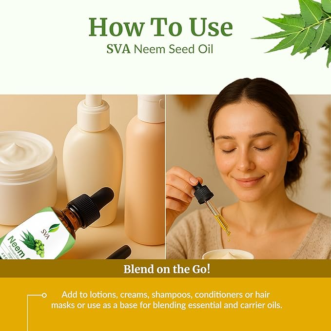 SVA Neem Seed Oil - 4 Fl Oz – 100% Natural Cold Pressed Neem Oil - for Face, Skin Care, Hair Care, Scalp Massage & Body Massage – Carrier Oil with Dropper