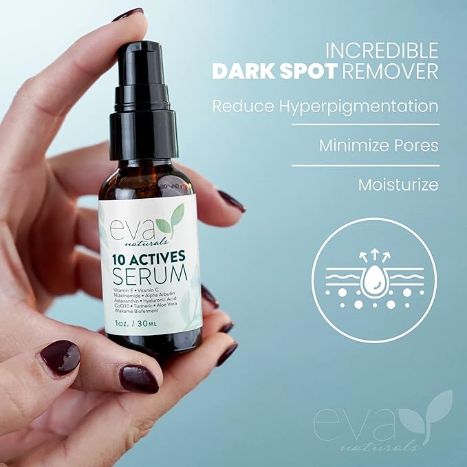 Eva Naturals 10 Actives Serum – Vitamin C, Niacinamide, Hyaluronic Acid, Turmeric, CoQ10 – Natural Anti Aging Face Serum for Dark Spots, Wrinkles, Acne, Skin Care & Facial Spot Remover
