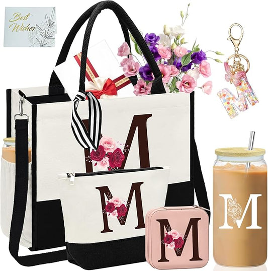 Birthday Gifts for Women,Initial Canvas Tote Bag,Gifts for Women,16oz Initial Glass Cup,Makeup Bag with Zipper,Jewelry Organizer Box,Personalized Gift for Mom-M