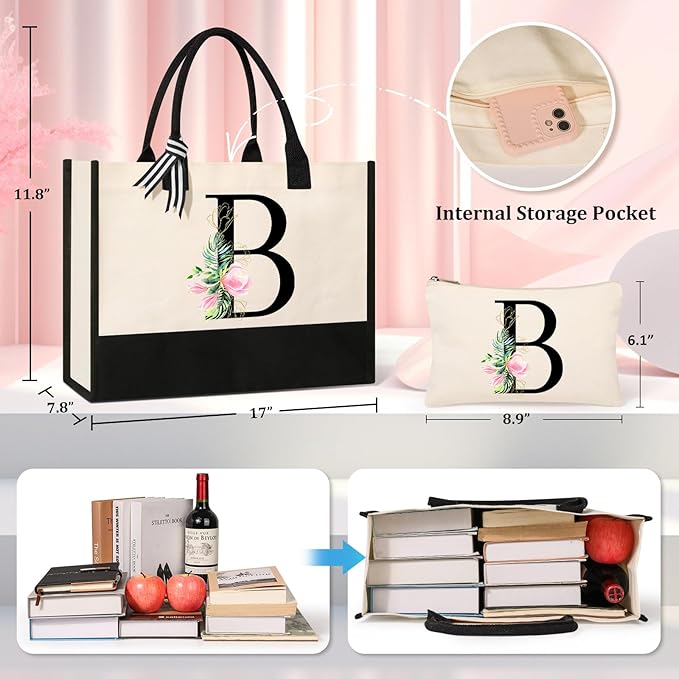 AYGE Personalized Initial Canvas Beach Bag Cosmetic Bags, Monogrammed Gifts for Women, Tote Bag, Makeup Bag, Birthday Gifts for Sister Mom Teacher Bridesmaid (B)