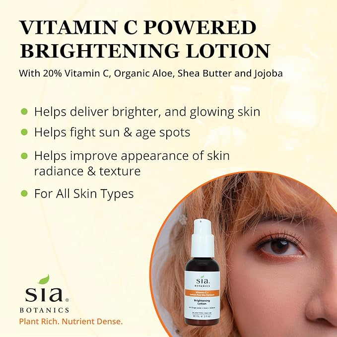 Sia Botanics Brightening Face Lotion (59ml/2oz Pump Bottle) | Facial Moisturizer w/Vitamin C, Lemon Peel Bio Ferment, Aloe Vera | Natural, Clean, Botanical Skincare for Women