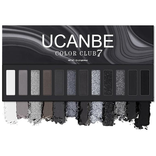 UCANBE Smokey Eyeshadow Palette, Dark Black White Gray Silver Natural Nude Matte Shimmer Eye Shadow Make Up Pallet for Smoky Emo Goth Makeup, 12 Color High Pigmented Long Lasting Waterproof Pallete