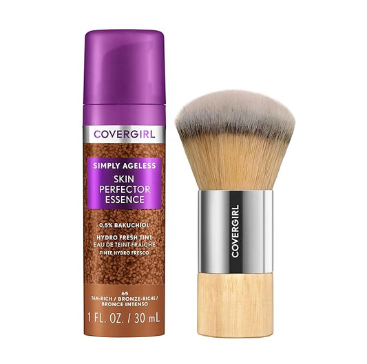 CoverGirl Simply Ageless 65 Tan-Rich Liquid Foundation Bundle with Blending Brush, Lightweight Vegan Formula for Dry Skin, 1oz