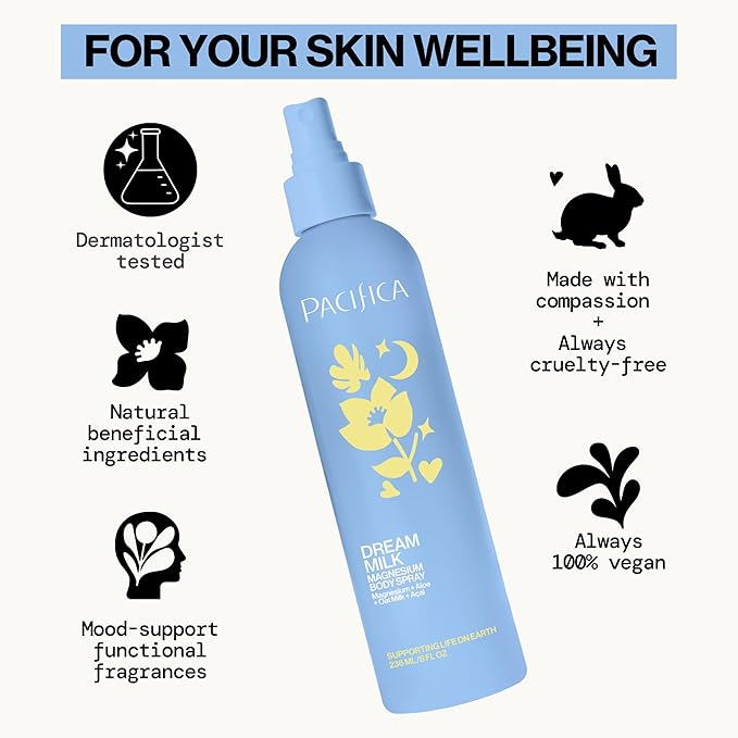 Pacifica Dream Milk Magnesium Spray for Sleep & Relaxation - Natural Magnesium Body Mist Infused with Lavender, Chamomile & Essential Oils, Vegan & Cruelty-Free, Clean Beauty, 4 fl oz