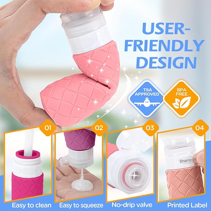 16 Pack Travel Bottles for Toiletries, TSA Approved Travel Size Toiletries Containers Set BPA-Free Silicone Leak Proof Refillable Bottles Stackable Creams Jars Accessories Kit W/Clear Bag Purplish Red