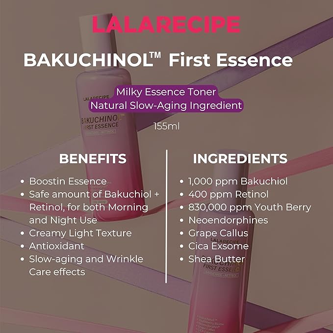 Bakuchiol First Essence – Hydrating Milky Korean Toner with Retinol Liposome, Shea Butter & Peptides – Vegan Skincare for Wrinkle Care & Elasticity (5.24 fl oz)