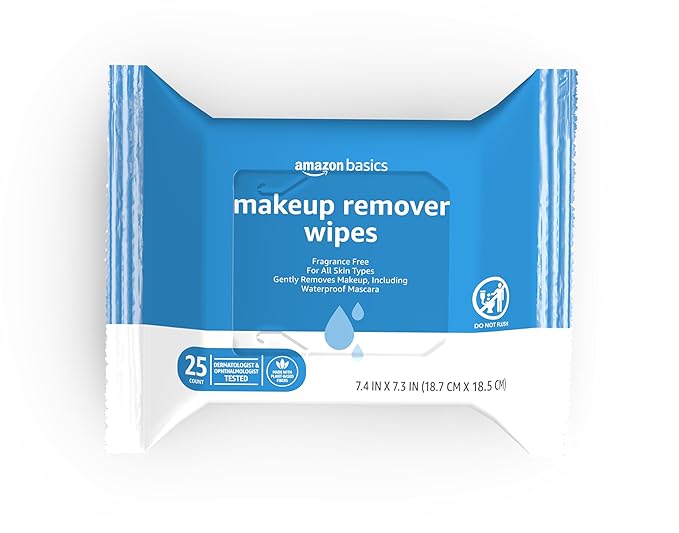 Amazon Basics Makeup Remover Wipes, Gentle Cleansing, Dermatologist Tested, Fragrance Free, Plant Based, Alcohol Free, Removes Waterproof Mascara, 25 Count Per Pack, Pack of 1 (Previously Solimo)