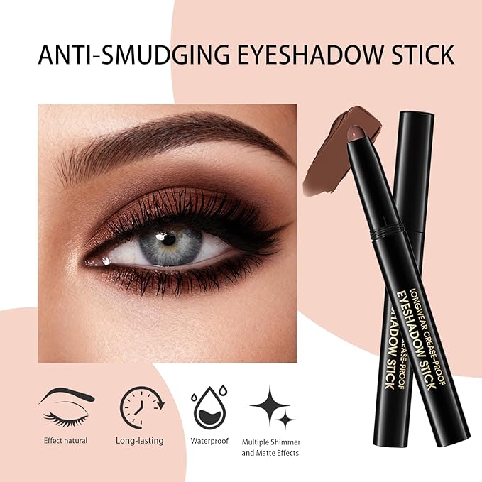 Matte Cream Eyeshadow Stick, Waterproof Eye Shadow Stick, Long-Lasting and Blendable High Pigmented Single Eyeliner Makeup for Women, 2 Pecan