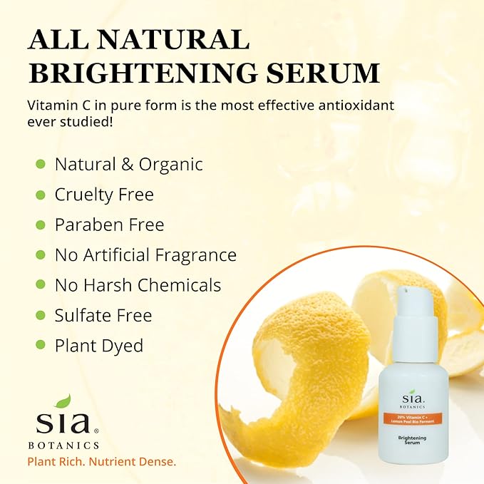 Sia Botanics Brightening Face Serum (30ml/1oz Porceline Bottle) | Facial Treatment w/Vitamin C, Lemon Peel Bio Ferment, Aloe Vera | Natural, Clean, Botanical Skincare for Women