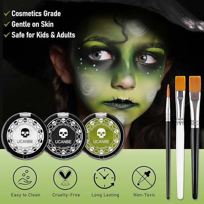 White Foundation + Black Green Face Body Paint with Painting Brushes Halloween Makeup Set, Kids Adults Facepaint Kit for Witch Monster Grinch Shrek Hulk Alien Special Effects Make Up Cosplay Party