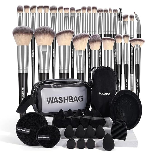 MAANGE 30pcs Professional Makeup Brush Set With Velvet Bag&5pcs Beauty Blender&2pcs Makeup Remover Puff&5pcs Triangle Powder Puff&3pcs Mini Thumb Puff&Toiletry Bag&2pcs Cleaning Mat (Blacksliver)