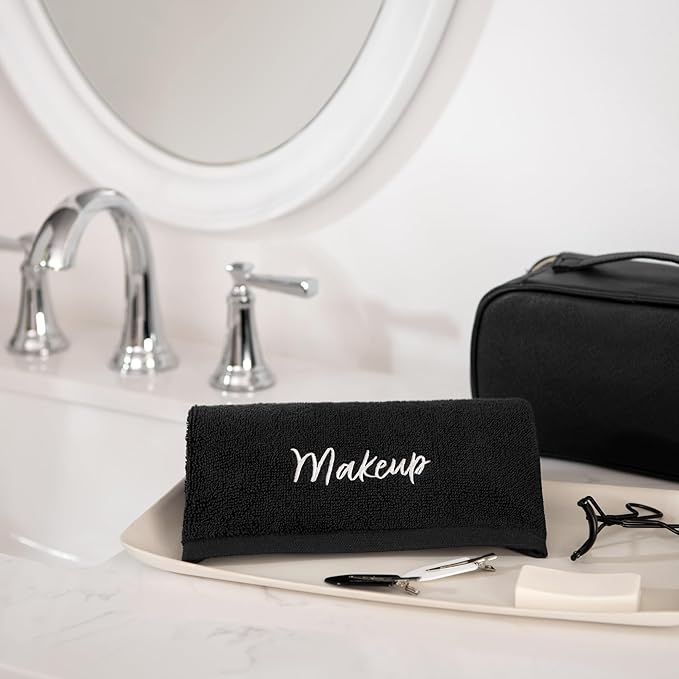 Arkwright Makeup Towels - Pack of 6 - Super Soft 100% Cotton, Gentle & Lightweight Face Make Up Remover Washcloths, Guest Essentials for Hosts & Artists, 13 x 13 in, Black