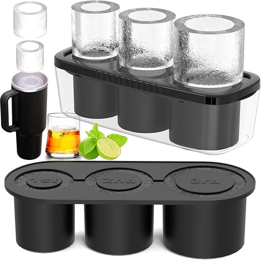 Ice Cube Tray for Tumbler Cup 30Oz-40Oz, 3 Pcs Silicone Cylinder Ice Mold with Lid and Bin for Freezer, Easy Fill and Release Ice Maker for Whiskey, Cocktail BPA-Free