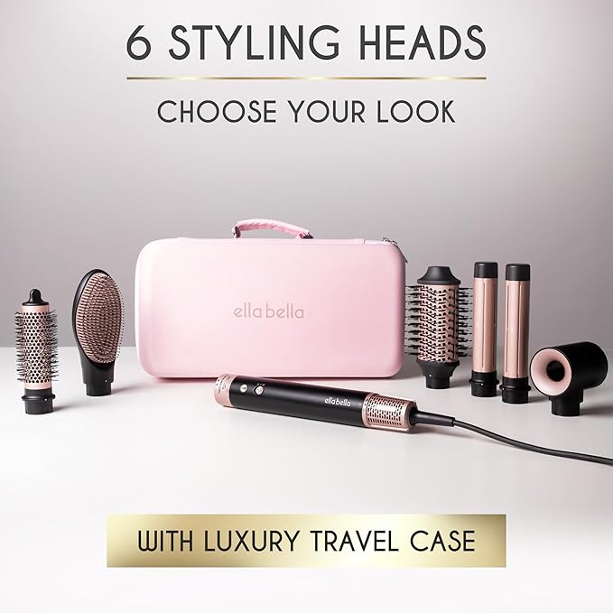 ELLA BELLA® 6 in 1 Professional Hot Air Styler • Powerful Hair Dryer & Straightener Set • Styling Without Heat Damage • Fast Drying Curling Volumizing Straightening • Includes Protective Travel Case