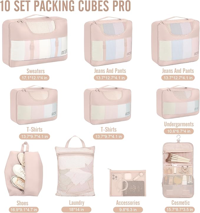 Veken 10 Set Packing Cubes for Travel, Beach Vacation Essentials Accessories for Cruise Ship, Suitcase Organizer Bags for Luggage with Hanging Toiletry & Shoe Bag, Birthday Gifts for Women Mom Her