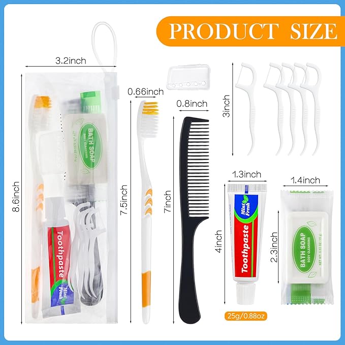Personal Care Travel Toiletries Sets Bulk - Pack of 30,Disposable Toothbrushes with Toothpaste and Floss,Comb,Soap,Cover,Zip Bag 7-IN-1 Travel Size Toiletry Kit for Hotel,Guest,Homeless,Charity,Church