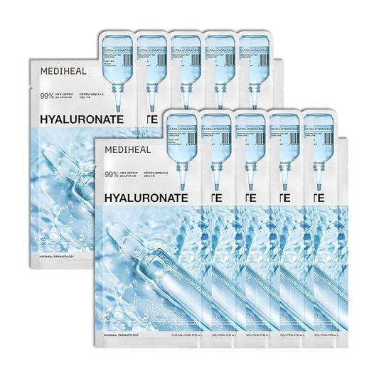 Mediheal Essential Mask (10pcs, Hyaluronate) 98% Pure Hyaluronic Acid for Long-lasting Hydration, Deep Skin Absorption & Moisture Barrier Vegan formula