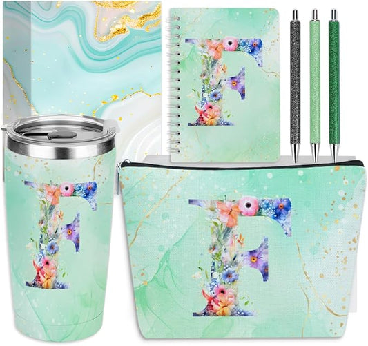 Personalized Gifts Monogrammed Birthday Gifts for Women, Aunt Grandma Retirement Christmas Initial 20 oz Tumbler, Makeup Bag Cup Ballpoint Pens Journal Notebook 6 Set, (Aesthetic Green Flower F)