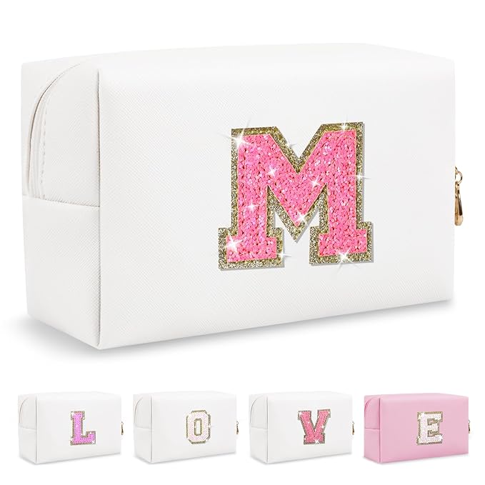 Small Personalized Initial A-Z Patch Makeup Bag,White Cute PU Leather Glitter Letter Cosmetic Bag for Teen Girls,Travel Toiletry Bag with Zipper,Preppy Monogrammed Birthday Gift for Daughter Niece M