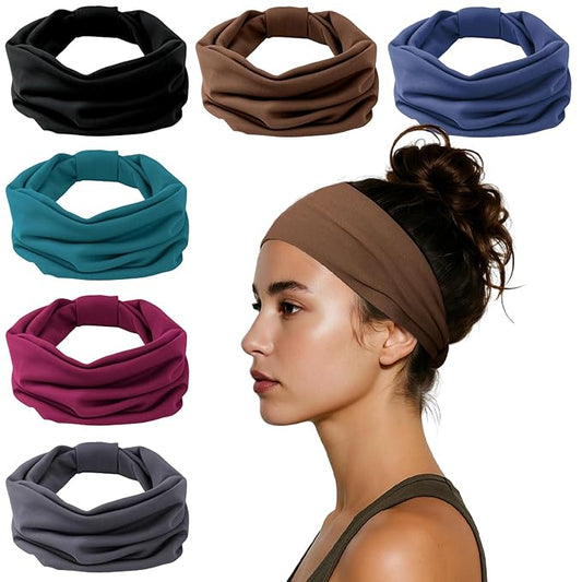 Headbands for Women, Wide Elastic Head Bands, Non-Slip Thick Hair Bands, Sports Stretchy Sweat Bands, Large Knotted Soft Headband, Gray Burgundy Green Black Coffee Navy