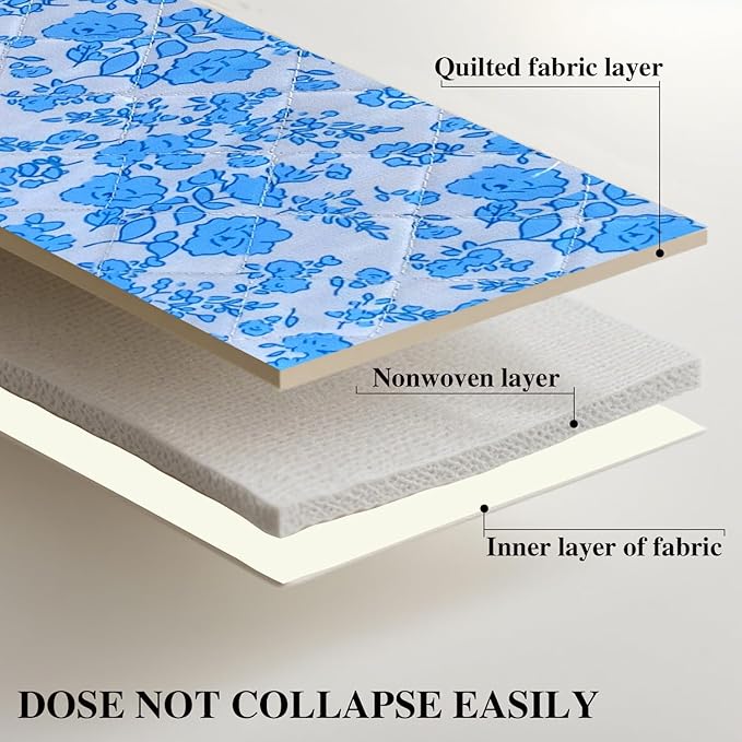 Blue Large Quilted Floral Makeup Bag Cute Coquette Aesthetic Cosmetic Bag Open Flat Travel Toiletry Make up Bag for Women