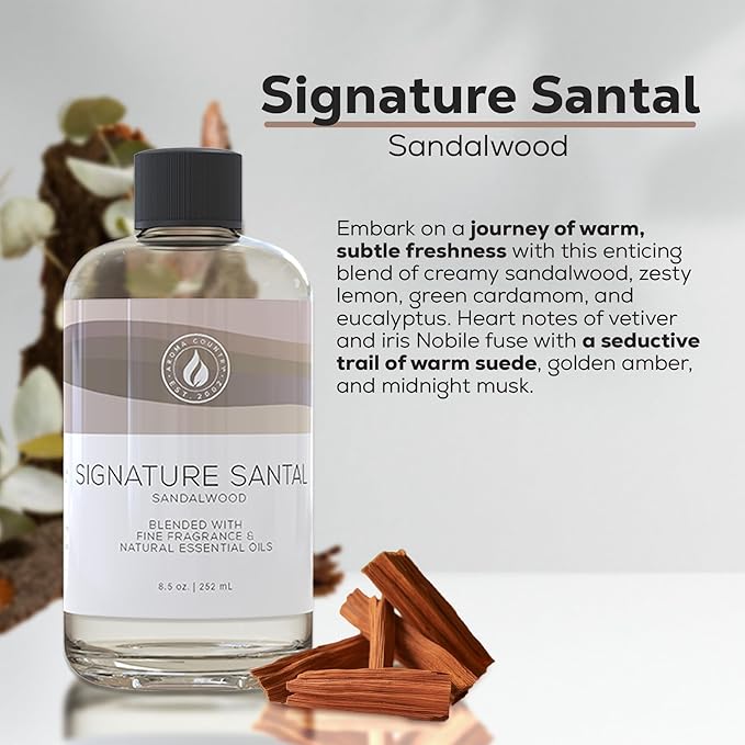 Aroma Country Signature Santal Diffuser Oil - Luxury Essential Oils for Diffuser Refill & Air Freshener Room Spray - Long-Lasting & Natural Home Fragrance, Sandalwood Scented Oil (8.5 Fl. oz)