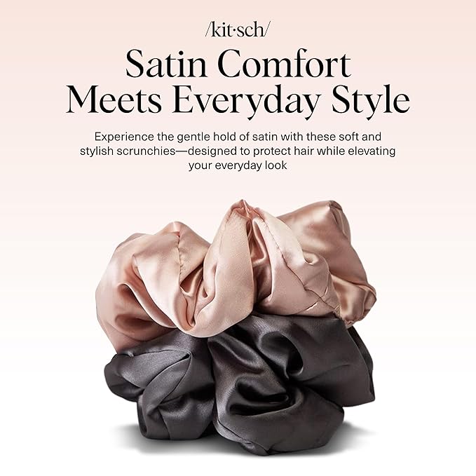Kitsch Satin Hair Scrunchies for Women, Softer Than Silk Scrunchies for Hair - No Damage Satin Hair Ties, Ponytail Holders, 2pc (Blush/Charcoal)