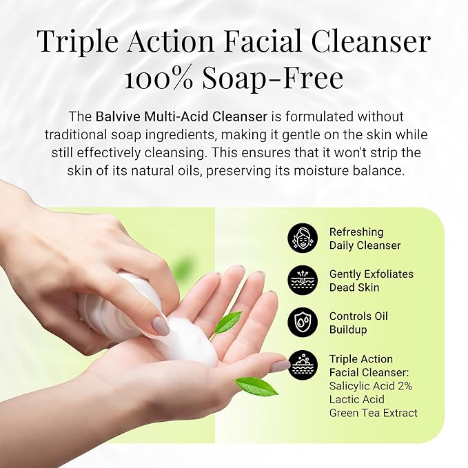 Foaming Facial Cleanser with Salicylic Acid, Glycolic Acid & Lactic Acid & Green Tea Extract– Face Wash for Acne, Oily & Sensitive Skin – Makeup Remover & Pore-Cleansing Skincare 6.7 fl oz