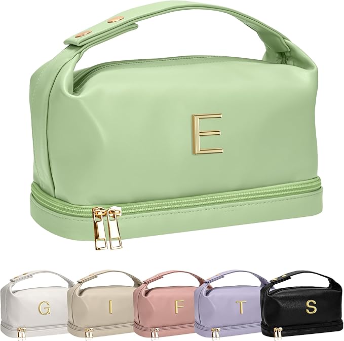 Makeup Bag For Teens 16-18, Personalized Makeup Bag with Handle, Initial Double Layer Cosmetic Bag with Makeup Brush Organizer,Birthday Gift Gifts for 11 12 13 14 15 16 17 18 19 Year Old