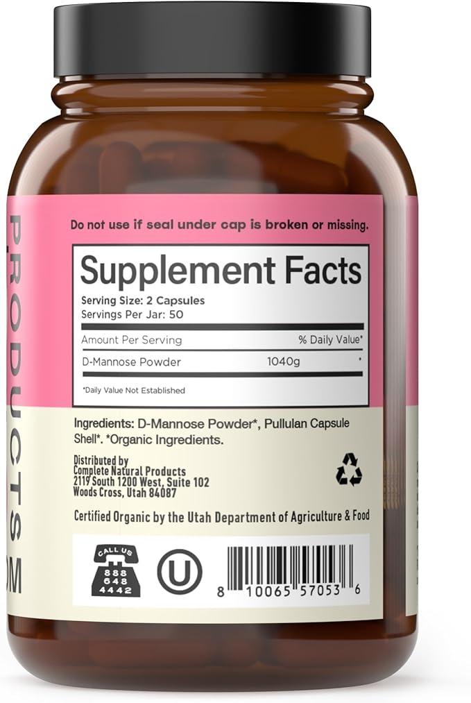 Complete Natural Products Organic D-Mannose Capsules - Pure D-Mannose Pills 100 Count for UTI, Bladder, & Urinary Tract Health