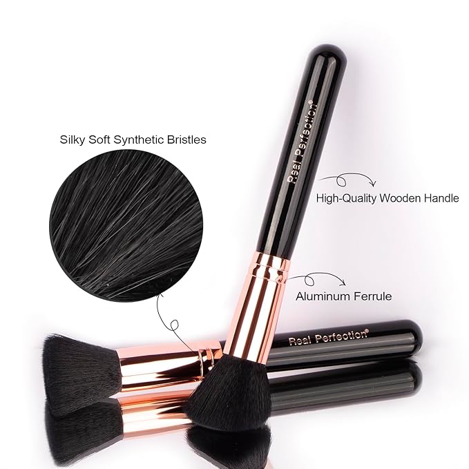 Real Perfection Makeup Brush Set 16 Pcs with 1 Eyebrow Razor Premium Synthetic Foundation Powder Concealers Eyeshadow Blush Makeup Brushes Make up Brushes Kit (Black)