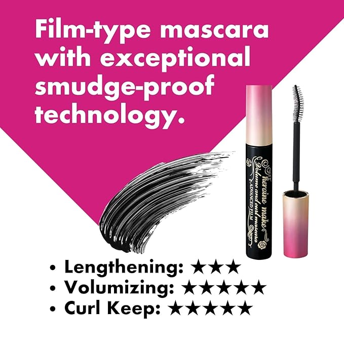 HEROINE MAKE by KISSME Tubing Mascara Waterproof & Long-lasting, Waterproof Mascara Black for Volumizing & Curl with Curvy Brush Advanced Film, 6 Natural Serums for Sensitive Skin, Made in Japan 1 EA