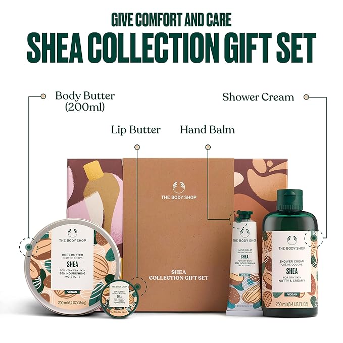 The Body Shop Shea Collection Gift Set - 4 Piece Set, Shower Cream, Body Butter, Lip Butter, Hand Balm, Vegan