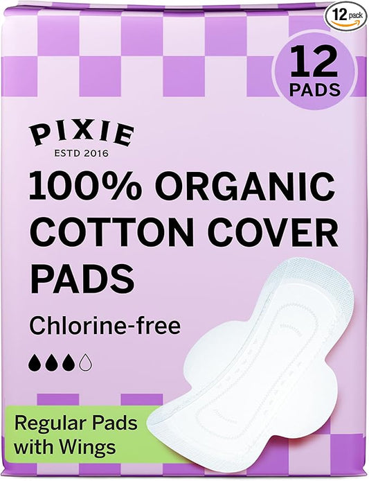 Pixie Organic Cotton Pads for Women - Ultra Thin with Wings, Leak-Proof & Moisture-Wicking - Compostable, Unscented Menstrual Pads - Regular Absorbency - 12 Count