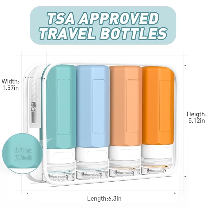 Redfly Travel Bottles for Toiletries, 3oz Tsa Approved Travel Size Containers, BPA Free Leak Proof Squeezable Containers for Toiletries, Silicone Refillable Essentials for Shampoo Conditioner Mix