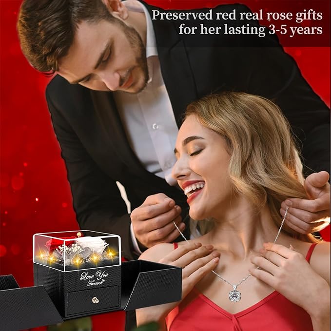 2 Preserved Real Rose with Heart I Love You Necklace- Eternal Rose Birthday Gifts for Women Wife Girlfriend Her Mom Grandma on Festivals Gifts Christmas Valentines Mothers Day Anniversary-Red White