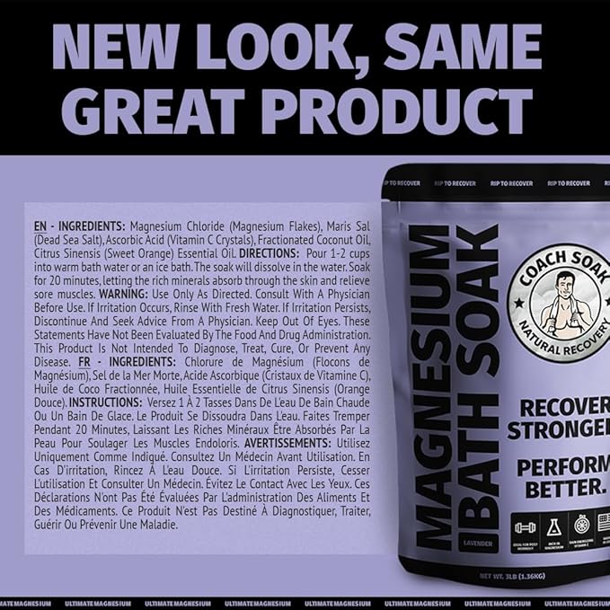 Coach Soak Recovery Bath Soak - Alternative to Epsom Salt Bath Soak - Fast-Absorbing Pure Magnesium Flakes with 21 Minerals, Bath Salts & Essential Oils - 15 lb (5 Pack) - Lavender
