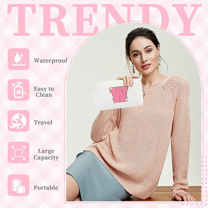 Small Personalized Initial A-Z Patch Makeup Bag,White Cute PU Leather Glitter Letter Cosmetic Bag for Teen Girls,Travel Toiletry Bag with Zipper,Preppy Monogrammed Birthday Gift for Daughter Niece W