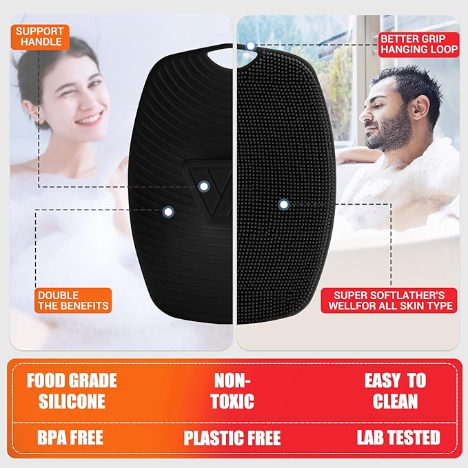 Silicone Body Scrubber - Anti Zinc Infused-Highly Elastic Bristles Exfoliating Body Scrubber for Shower Body,Cellulite Reduction,Blood Circulation- Black