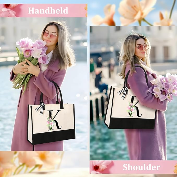 AYGE Personalized Initial Canvas Beach Tote, Monogrammed Gifts for Women, Makeup Bag, Birthday Gifts for Sister, Mom, Teacher, Bridesmaid (K)