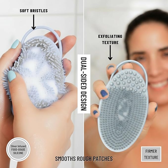 Silver Infused Exfoliating Body Scrubber - Textured Back Scrubber Shower Brush - Avilana Advanced Material Bath Tool Dual Sided - Gentle Smoothing Rough Skin - Premium Gift Women Men