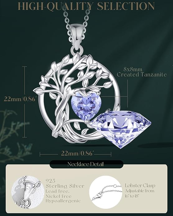 FANCIME Tree of life Birthstone necklace Sterling Silver Pendant Birthstone Necklace Gemstone Anniversary Birthday Jewelry Christmas Gifts for Mom Her Wife