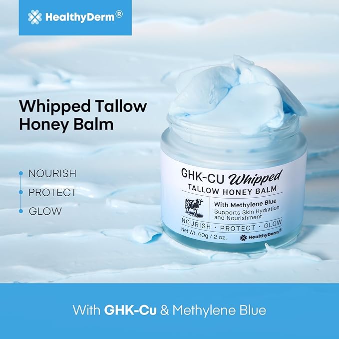 Copper Peptides GHK-Cu Beef Tallow for Skin: Blue Balm with Methylene Blue, Manuka Honey & Vitamin E – Natural Face and Body Moisturizer for Mature, Dry & Sensitive Skin – 2oz