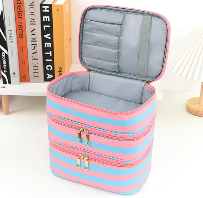 Three Layer Makeup Bag for Women Fashion Stripes Cosmetic Bag Preppy Style Travel Water-Resistant Toiletry Bag for Storage Toiletries Cosmetics Sets for Women Teen Girls Blue