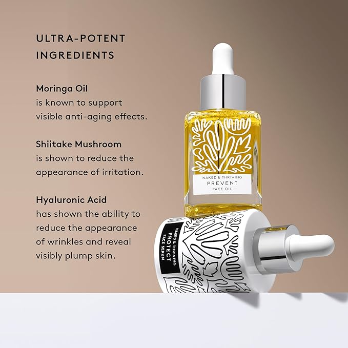 Naked & Thriving Limited Edition Day Set | Protect Antioxidant Day Serum (30 mL) + Prevent Anti-Aging Face Oil (35 mL) with Hyaluronic Acid, Moringa and Rosehip Oil | 65 mL/2.18 fl oz (Set of 2)