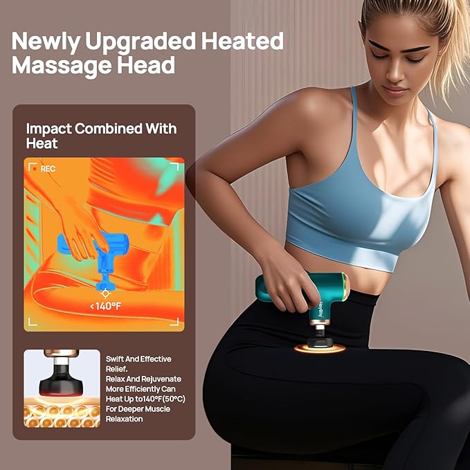 Massage Gun with Heat Function, 5 Adjustable Speed & 5 Massage Head for Deep Tissue Pain Relief, Portable Muscle Massager for Athletes, Compact Percussion Gun