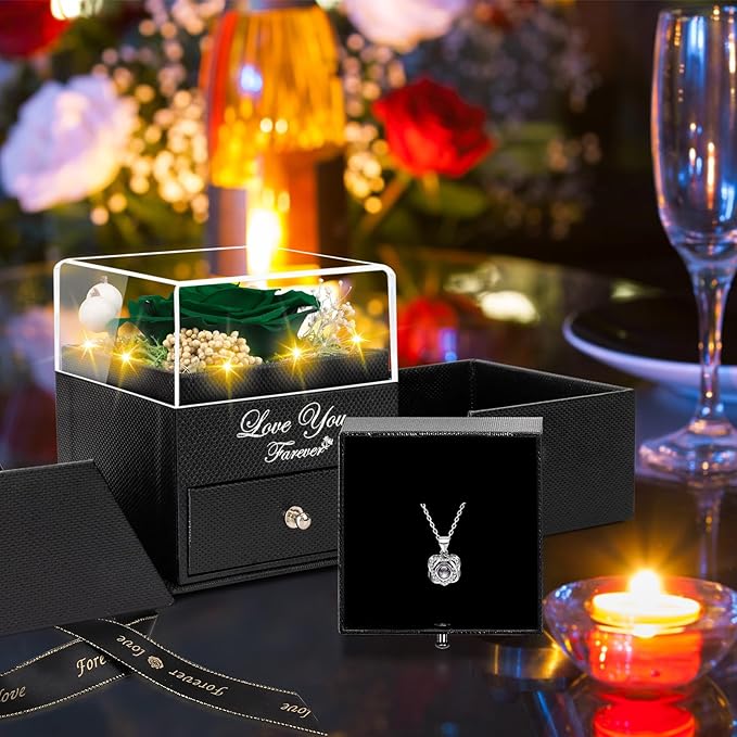 Preserved Blackish Green Real Rose with Heart I Love You Necklace -Eternal Flowers Rose Birthday Gifts for Women Her Mom Wife Girlfriend Grandma on Valentines Mothers Day Christmas Anniversary