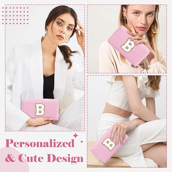 Personalized Initial A-Z Preppy Patch Makeup Bag,Small PU Chenille Letter Cosmetic Bag with Zipper for Teen Girls,Pink Cute Toiletry Organizer Bag,Monogram Makeup Case Gift for Women Girls,Letter B